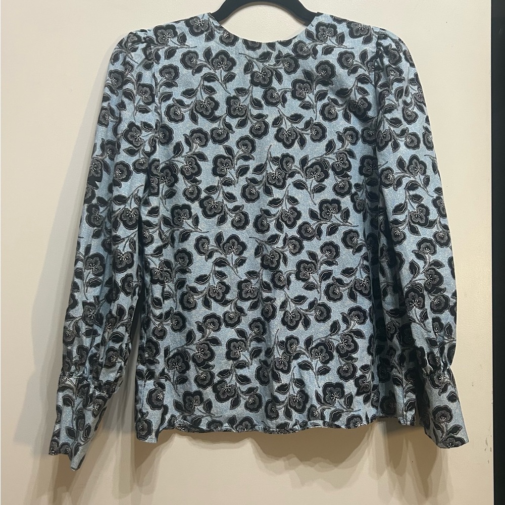 Who What Wear Light Blue Floral Puff-Sleeve Blouse